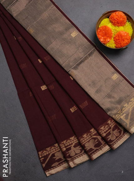 Bengal soft cotton saree deep maroon with allover thread woven buttas and thread & zari woven border