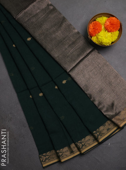 Bengal soft cotton saree bottle green with allover thread woven buttas and thread woven border