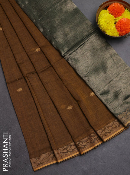 Bengal soft cotton saree dark mustard with allover thread woven buttas and thread woven border