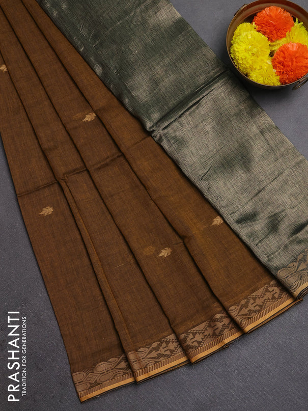 Bengal soft cotton saree dark mustard with allover thread woven buttas and thread woven border