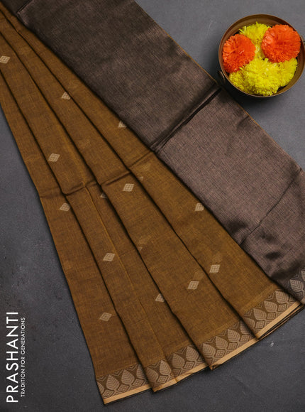 Bengal soft cotton saree dark mustard with allover thread woven buttas and thread woven border
