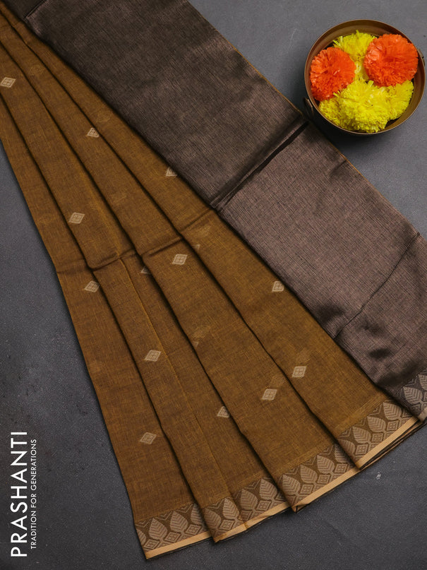 Bengal soft cotton saree dark mustard with allover thread woven buttas and thread woven border