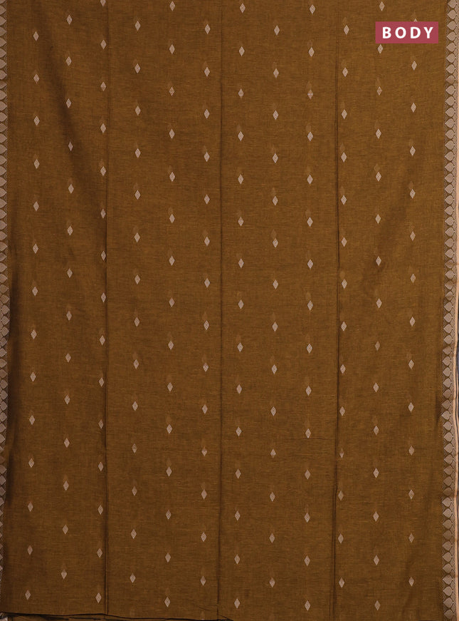 Bengal soft cotton saree dark mustard with allover thread woven buttas and thread woven border