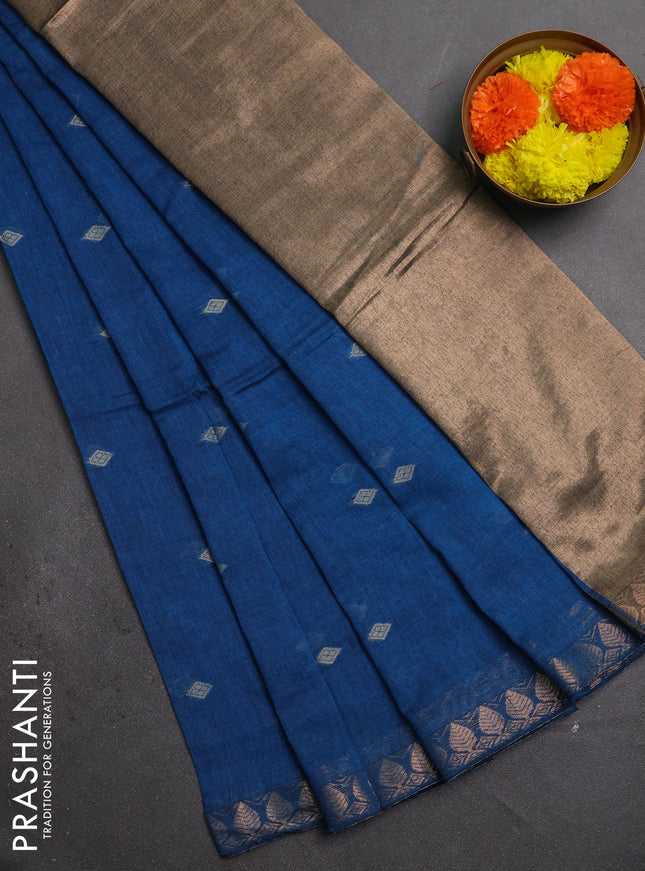 Bengal soft cotton saree cs blue with allover thread woven buttas and zari woven border