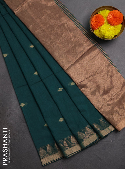 Bengal soft cotton saree peacock green with allover thread woven buttas and zari woven border