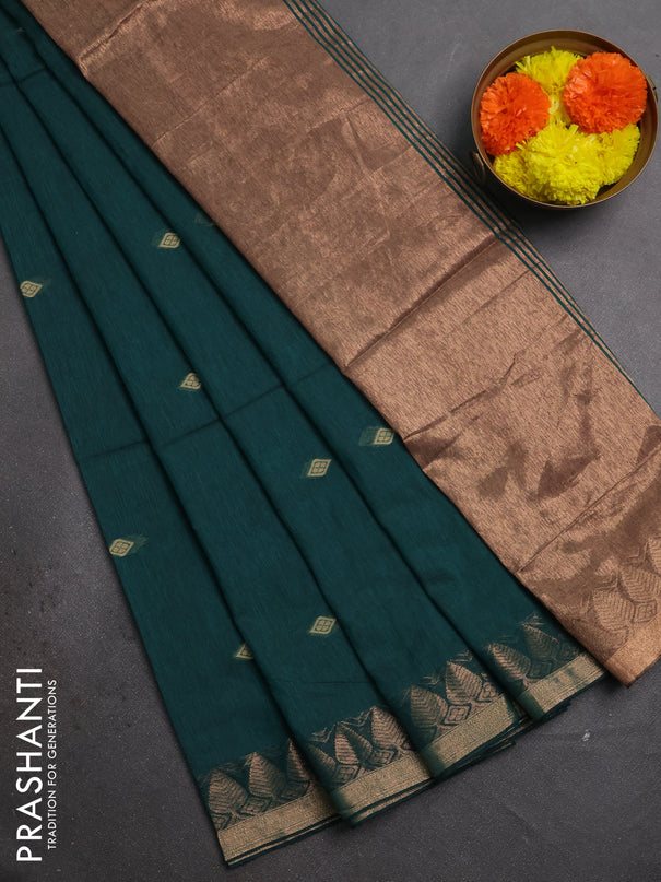 Bengal soft cotton saree peacock green with allover thread woven buttas and zari woven border
