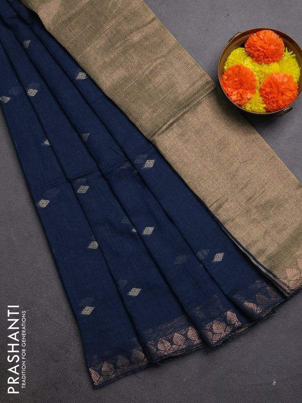 Bengal soft cotton saree peacock blue with allover thread woven buttas and zari woven border