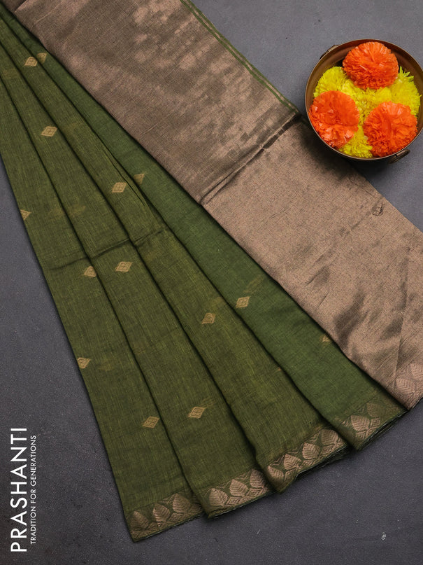 Bengal soft cotton saree mehendi green with allover thread woven buttas and zari woven border