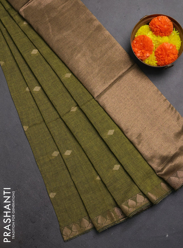 Bengal soft cotton saree mehendi green with allover thread woven buttas and zari woven border