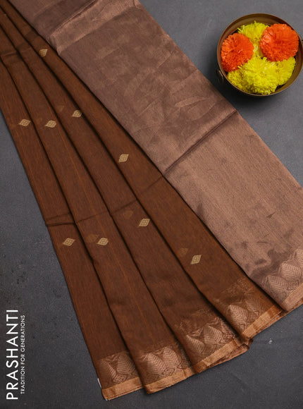 Bengal soft cotton saree dark mustard with allover thread woven buttas and zari woven border