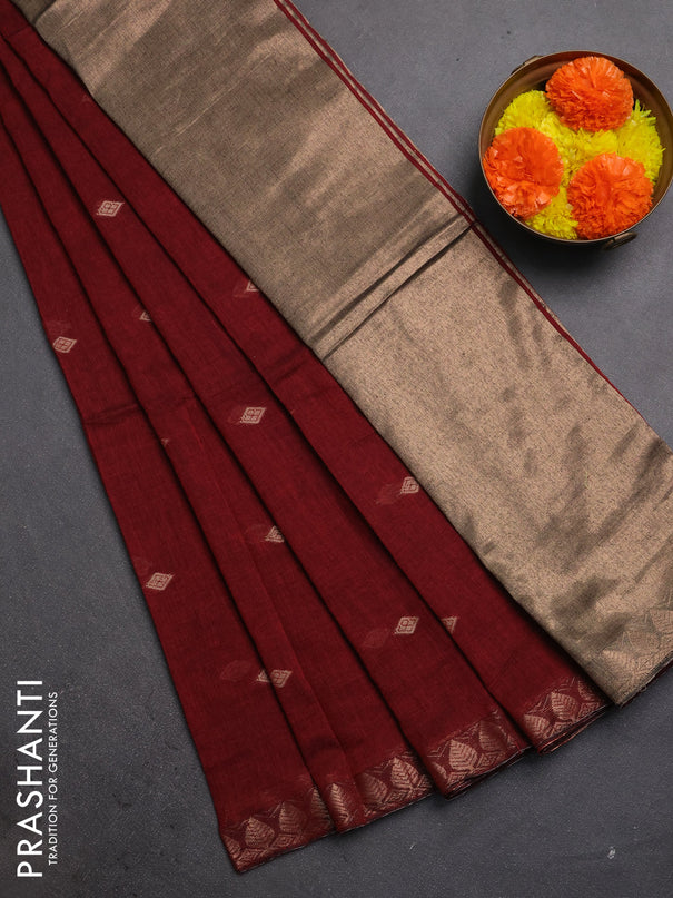 Bengal soft cotton saree maroon with allover thread woven buttas and zari woven border