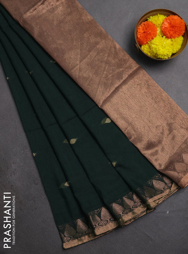 Bengal soft cotton saree bottle green with allover thread woven buttas and zari woven border