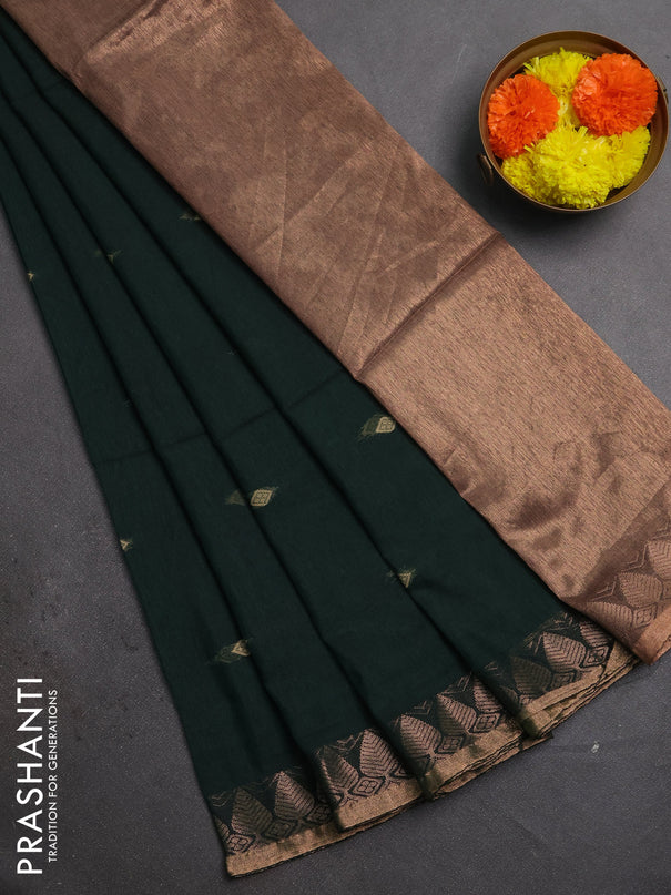 Bengal soft cotton saree bottle green with allover thread woven buttas and zari woven border