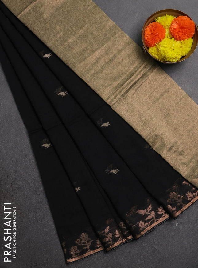 Bengal soft cotton saree black with allover thread woven buttas and zari woven border