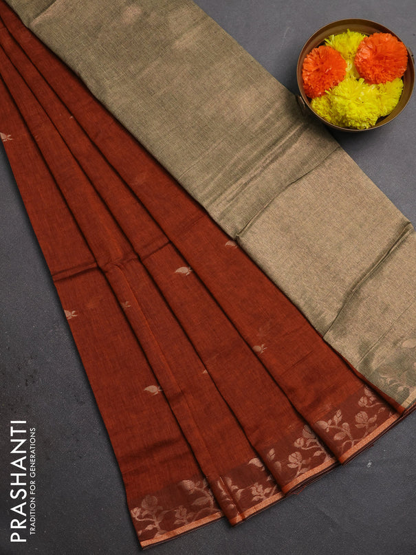 Bengal soft cotton saree rust shade with allover thread woven buttas and zari woven border