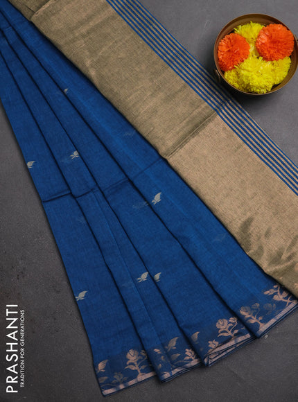 Bengal soft cotton saree cs blue with allover thread woven buttas and zari woven border