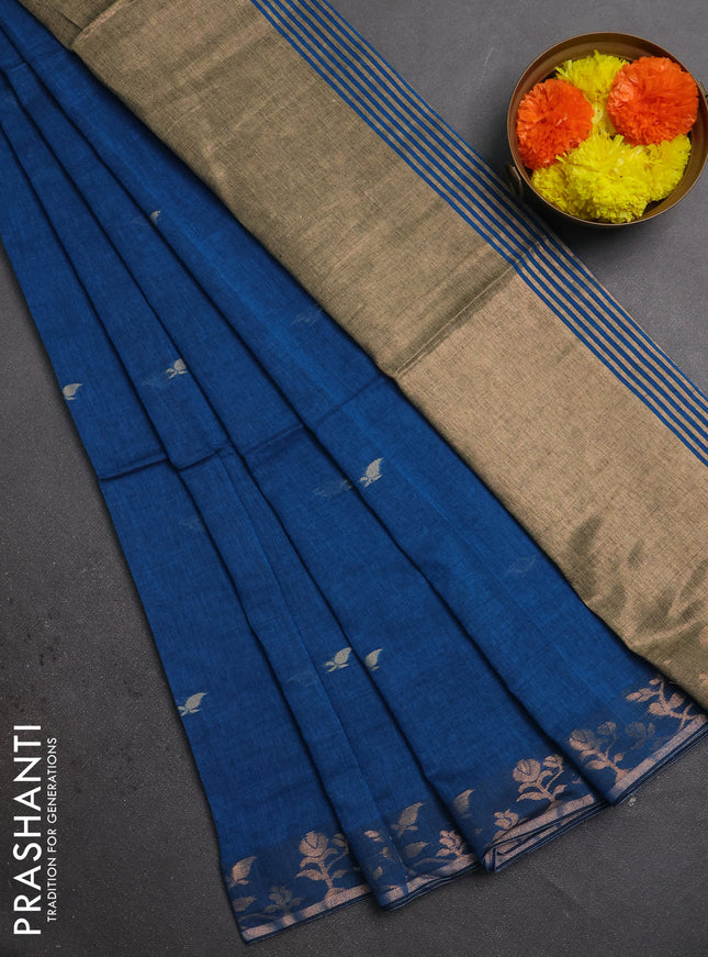 Bengal soft cotton saree cs blue with allover thread woven buttas and zari woven border