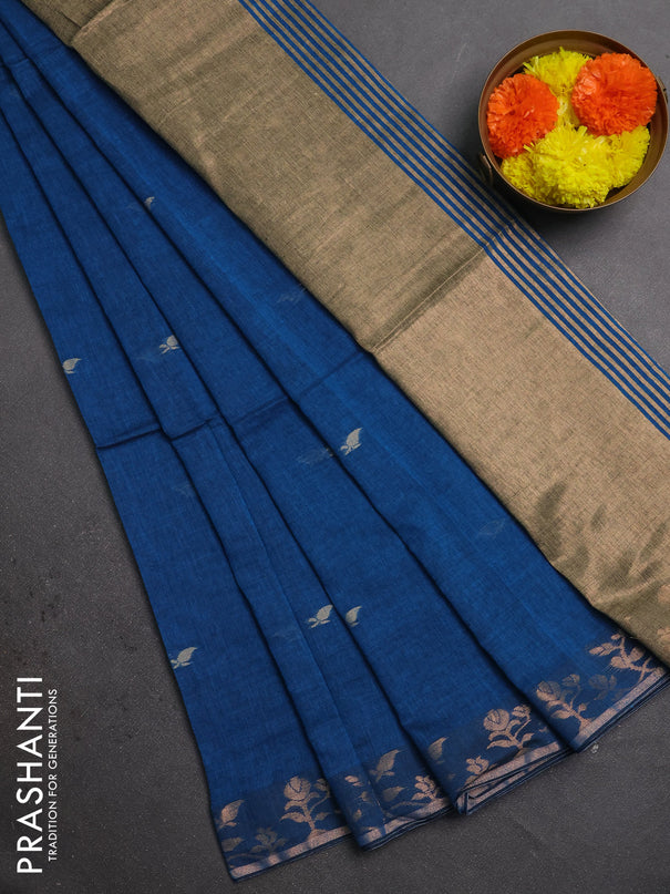Bengal soft cotton saree cs blue with allover thread woven buttas and zari woven border