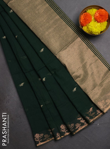 Bengal soft cotton saree bottle green with allover thread woven buttas and zari woven border