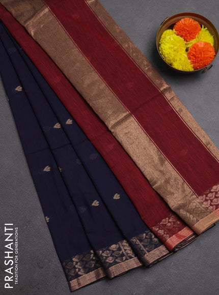 Bengal soft cotton saree navy blue and maroon with allover thread woven buttas and zari woven border