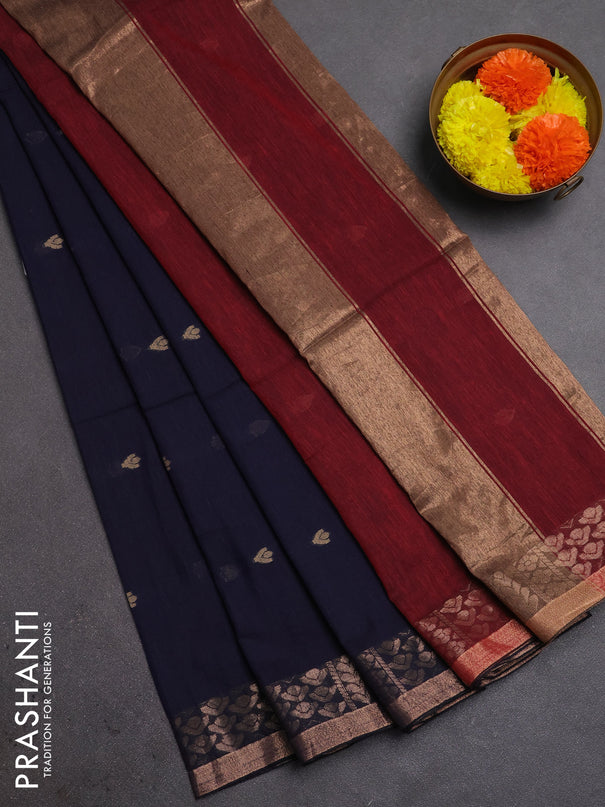 Bengal soft cotton saree navy blue and maroon with allover thread woven buttas and zari woven border