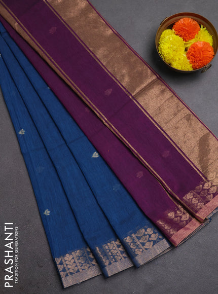 Bengal soft cotton saree cs blue and magenta pink with allover thread woven buttas and zari woven border