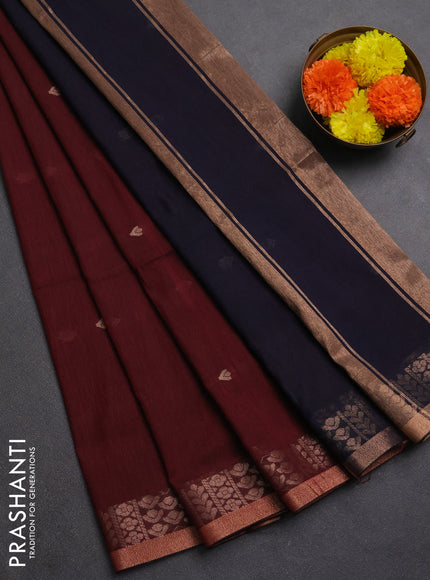 Bengal soft cotton saree deep maroon and navy blue with allover thread woven buttas and zari woven border
