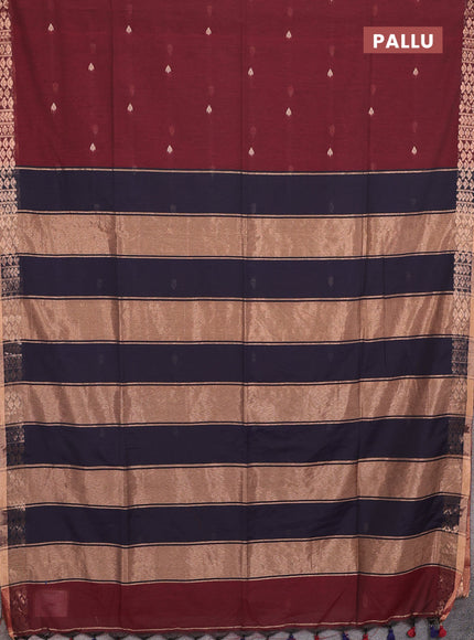 Bengal soft cotton saree deep maroon and navy blue with allover thread woven buttas and zari woven border