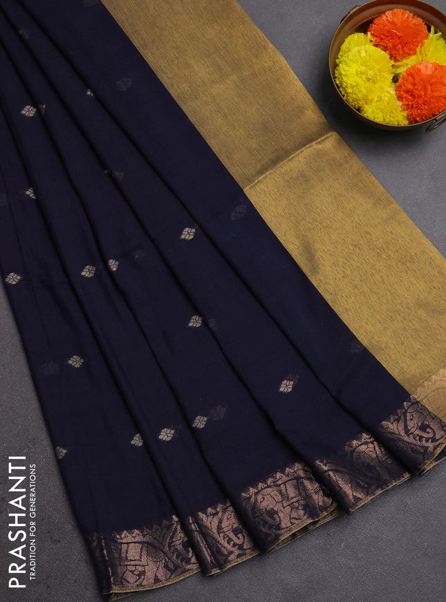 Bengal soft cotton saree navy blue with allover thread woven buttas and zari woven border