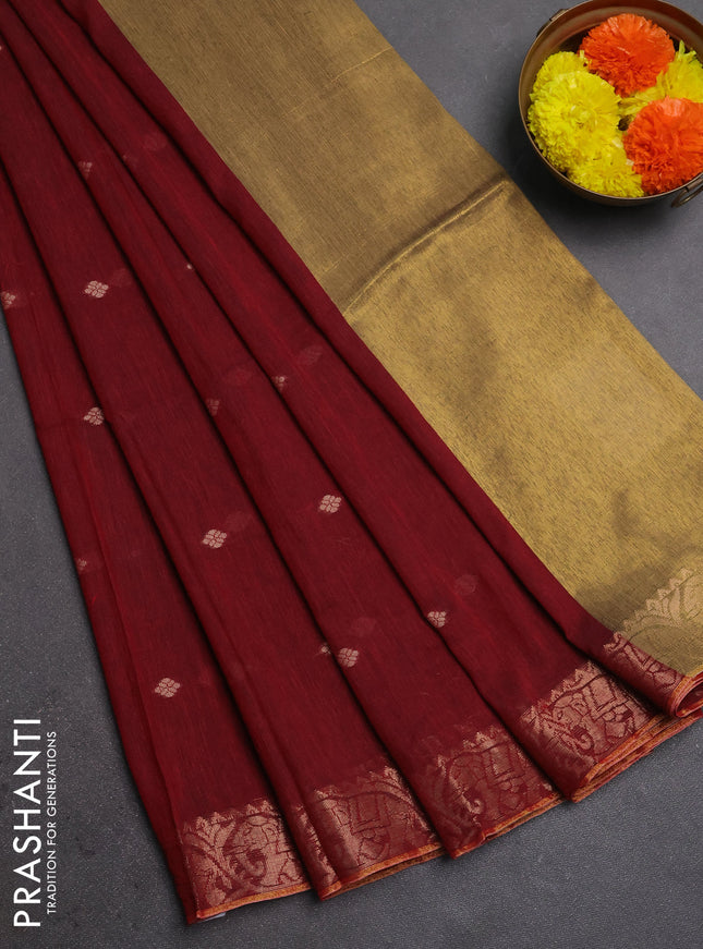 Bengal soft cotton saree maroon with allover thread woven buttas and zari woven border