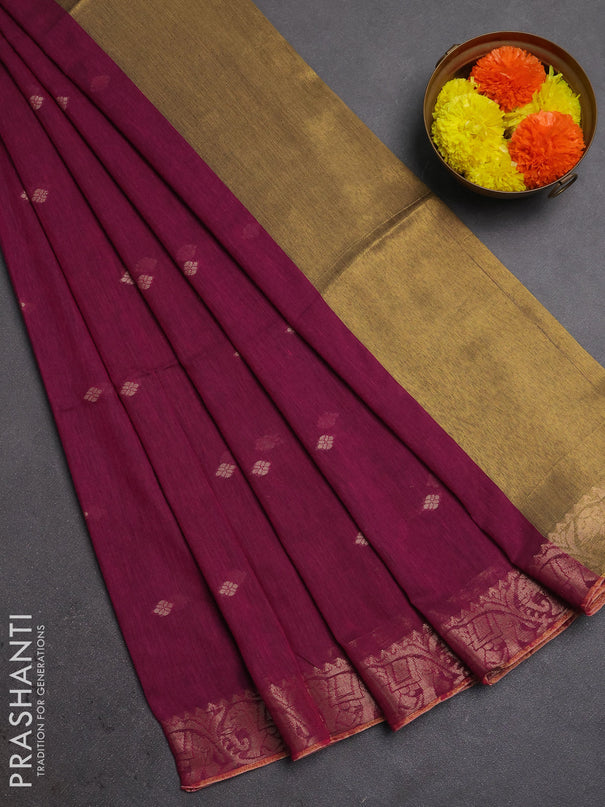 Bengal soft cotton saree magenta pink with allover thread woven buttas and zari woven border