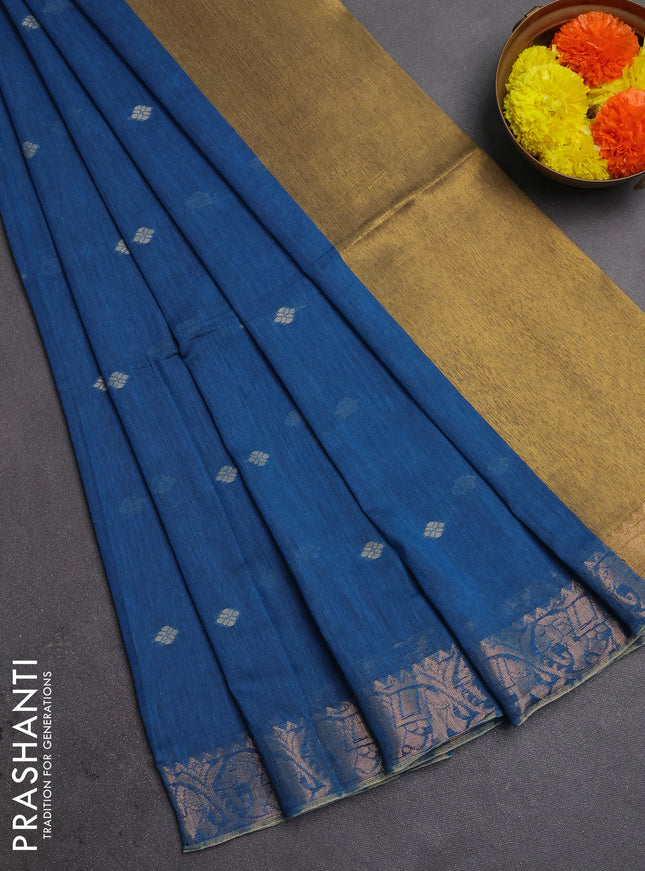 Bengal soft cotton saree cs blue with allover thread woven buttas and zari woven border