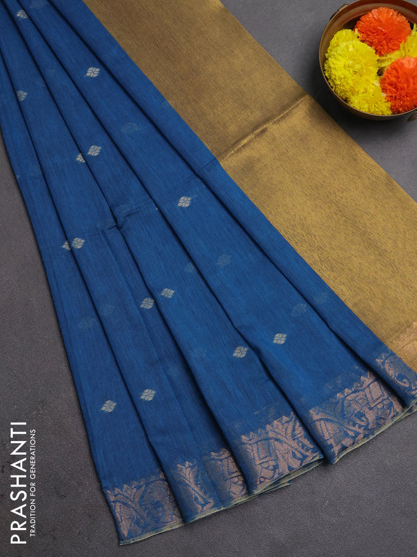 Bengal soft cotton saree cs blue with allover thread woven buttas and zari woven border