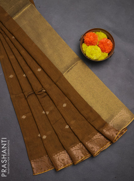 Bengal soft cotton saree dark mustard with allover thread woven buttas and zari woven border