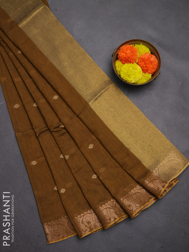 Bengal soft cotton saree dark mustard with allover thread woven buttas and zari woven border