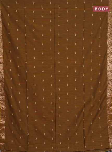 Bengal soft cotton saree dark mustard with allover thread woven buttas and zari woven border