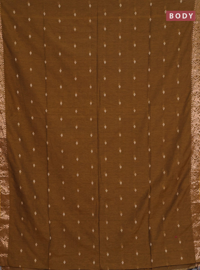 Bengal soft cotton saree dark mustard with allover thread woven buttas and zari woven border