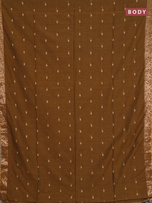 Bengal soft cotton saree dark mustard with allover thread woven buttas and zari woven border