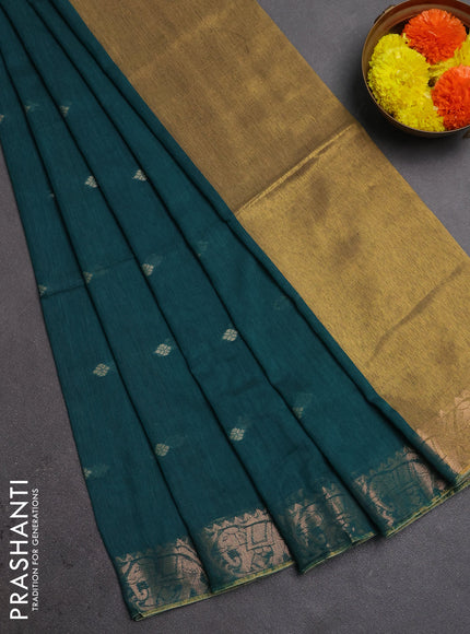 Bengal soft cotton saree peacock green with allover thread woven buttas and zari woven border