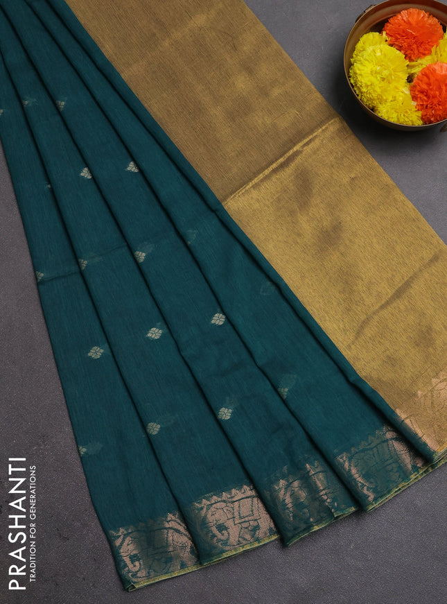 Bengal soft cotton saree peacock green with allover thread woven buttas and zari woven border