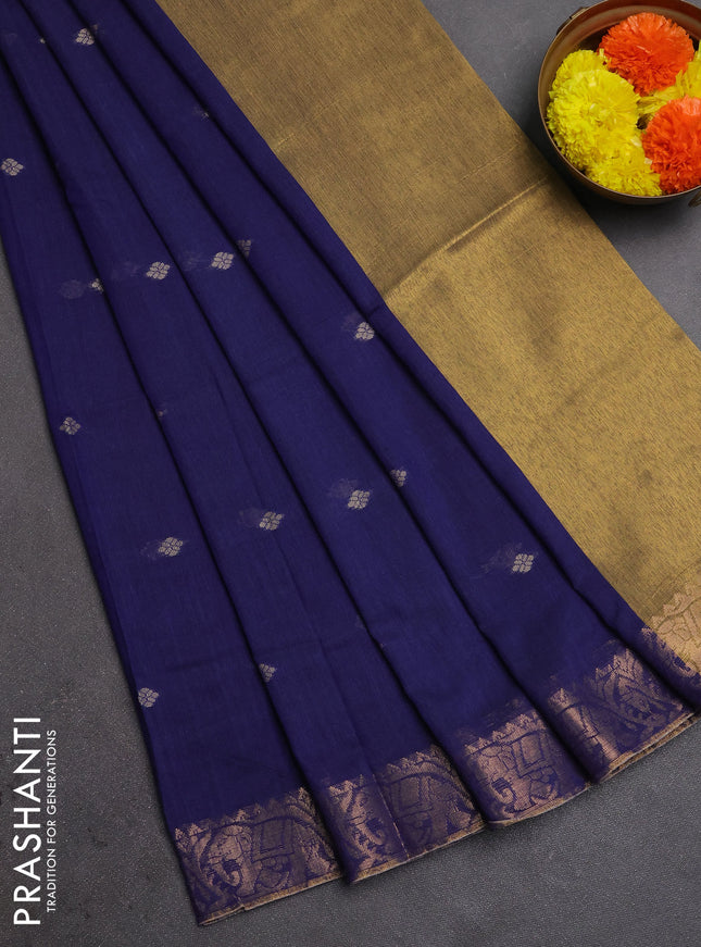 Bengal soft cotton saree navy blue with allover thread woven buttas and zari woven border