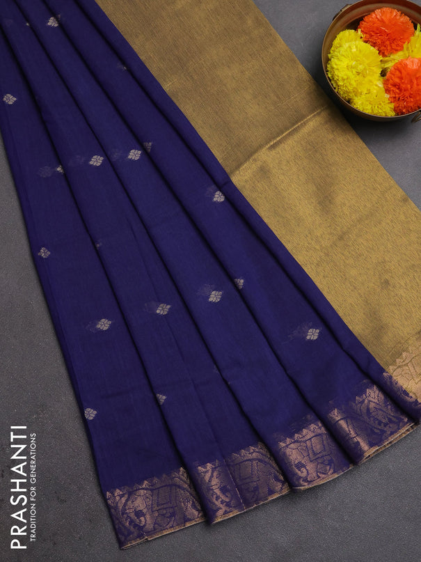 Bengal soft cotton saree navy blue with allover thread woven buttas and zari woven border