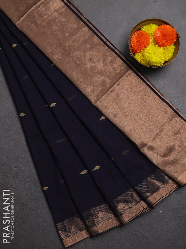 Bengal soft cotton saree navy blue with allover thread woven buttas and zari woven border