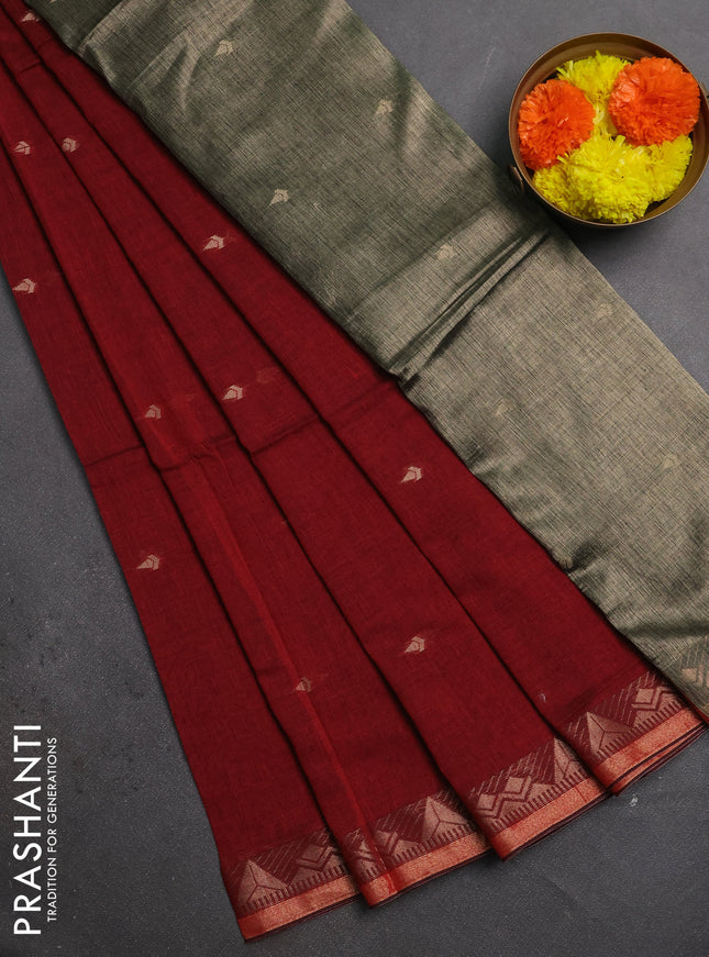 Bengal soft cotton saree maroon with allover thread woven buttas and zari woven border