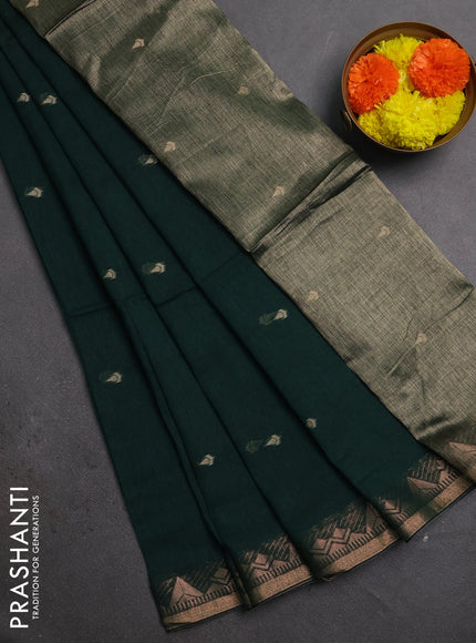 Bengal soft cotton saree bottle green with allover thread woven buttas and zari woven border