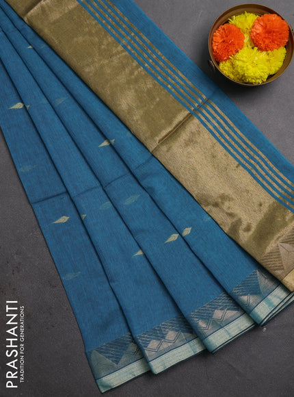 Bengal soft cotton saree cs blue with allover thread woven buttas and zari woven border