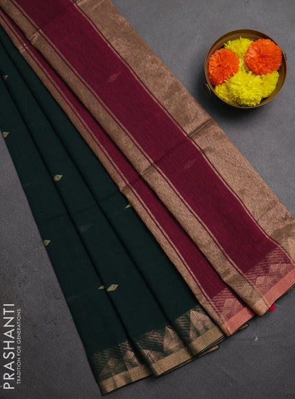Bengal soft cotton saree bottle green and pink with allover thread woven buttas and zari woven border