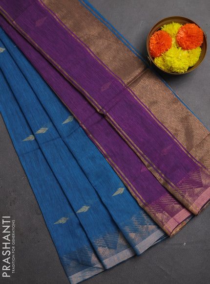 Bengal soft cotton saree cs blue and purple with allover thread woven buttas and zari woven border