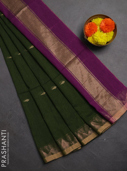 Bengal soft cotton saree mehendi green and purple with allover thread woven buttas and zari woven border