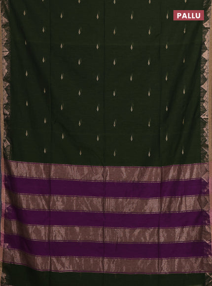 Bengal soft cotton saree mehendi green and purple with allover thread woven buttas and zari woven border